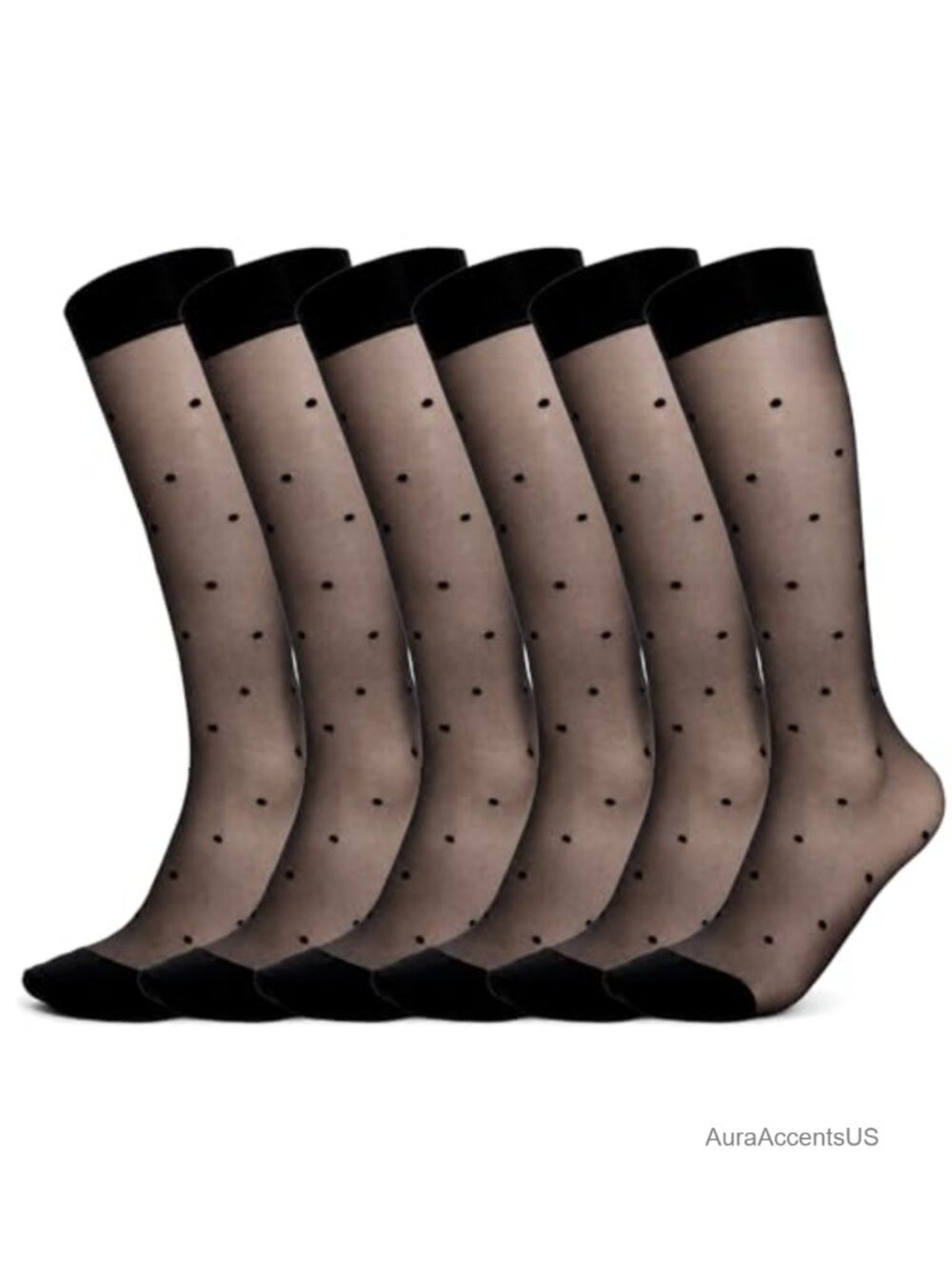 Sheer Nylon Polka Dot Knee High Stockings 6 Pairs Stay-Up Hosiery